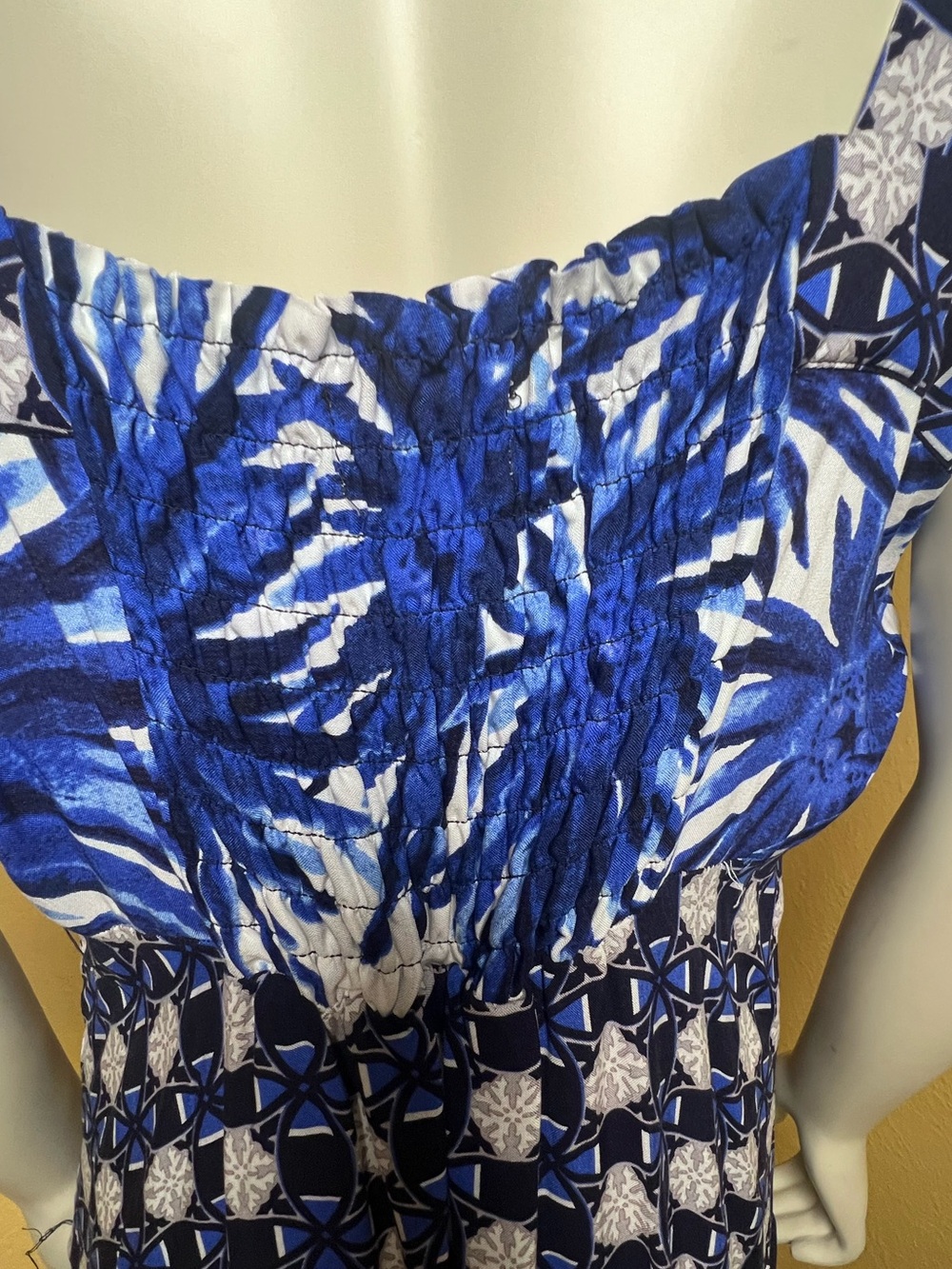 1.STATE Beach Blue White Floral Patchwork Maxi Dress Smocked Back Resort, XL - Picture 9 of 13